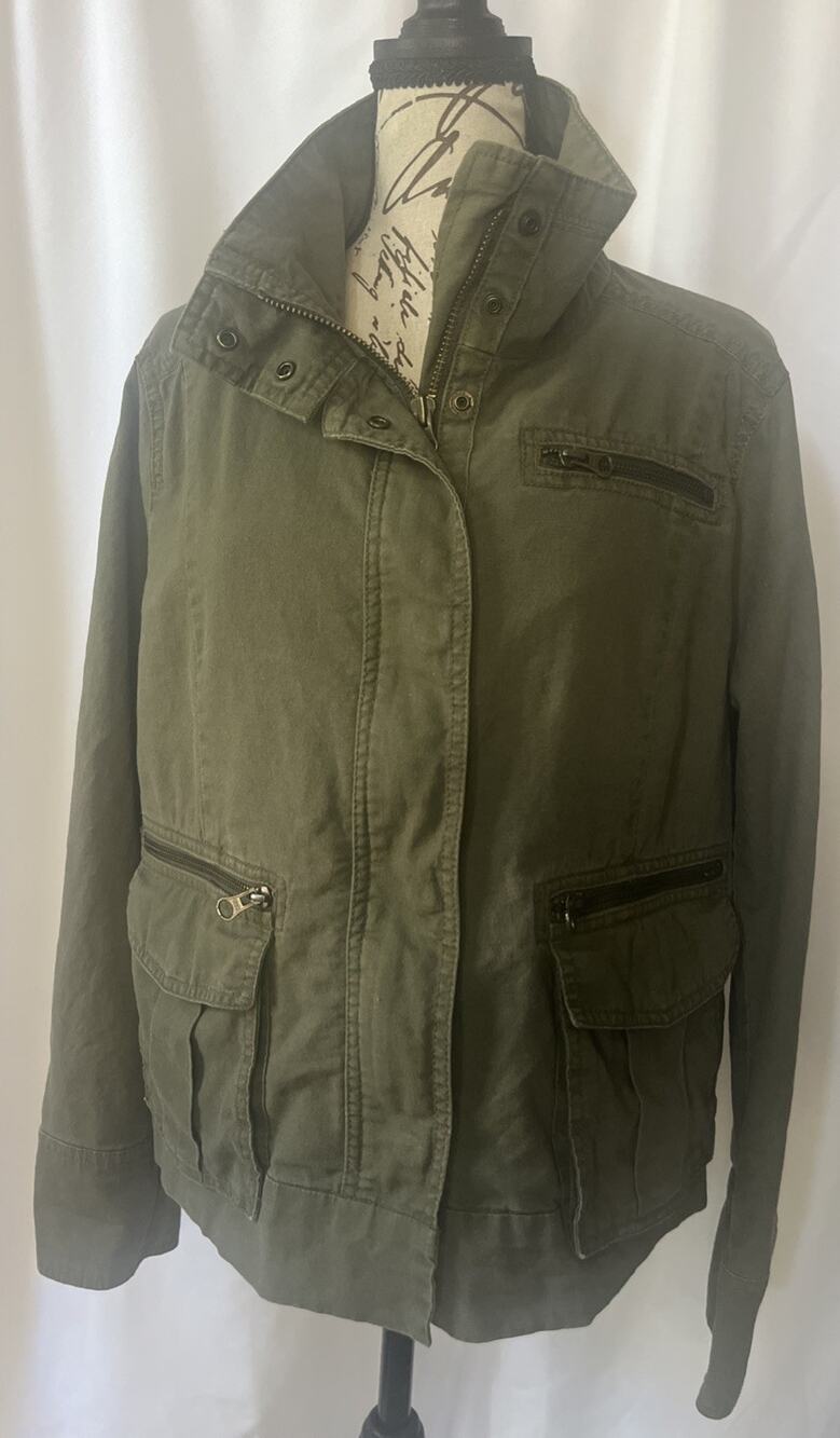 Gap Cropped Linen Utility Jacket Pockets Zip Snap Women’s Medium Khaki Green